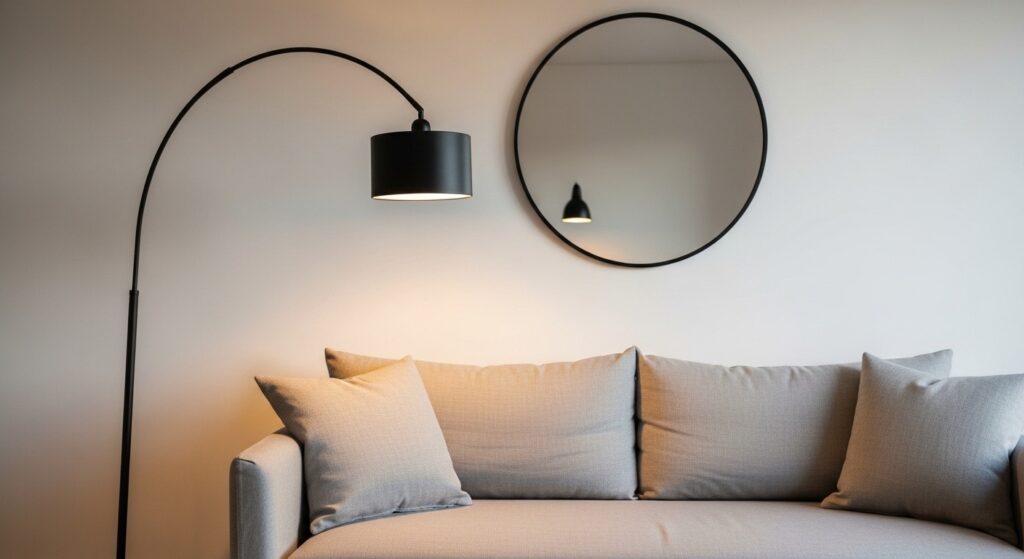 industrial accents in farmhouse living room with matte black mirror and steel lamp