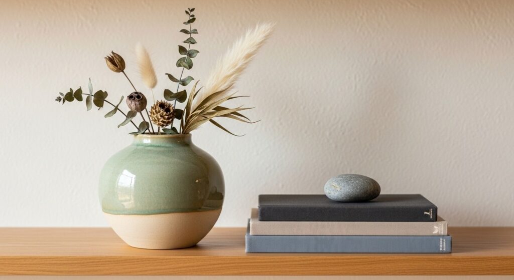 modern farmhouse living room avoiding cliché decor with sculptural ceramic and botanical print