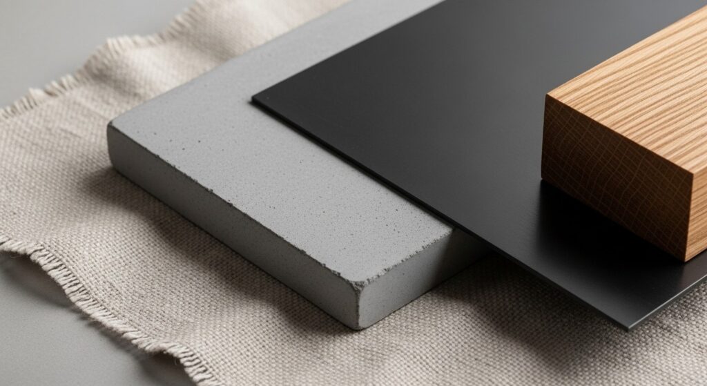 rustic modern living room mixing smooth plaster walls with rough-hewn wood shelf