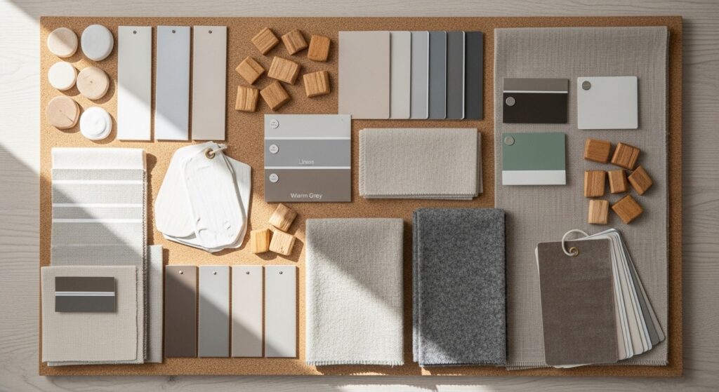 warm neutral farmhouse palette with creamy whites soft linens and sage green accents