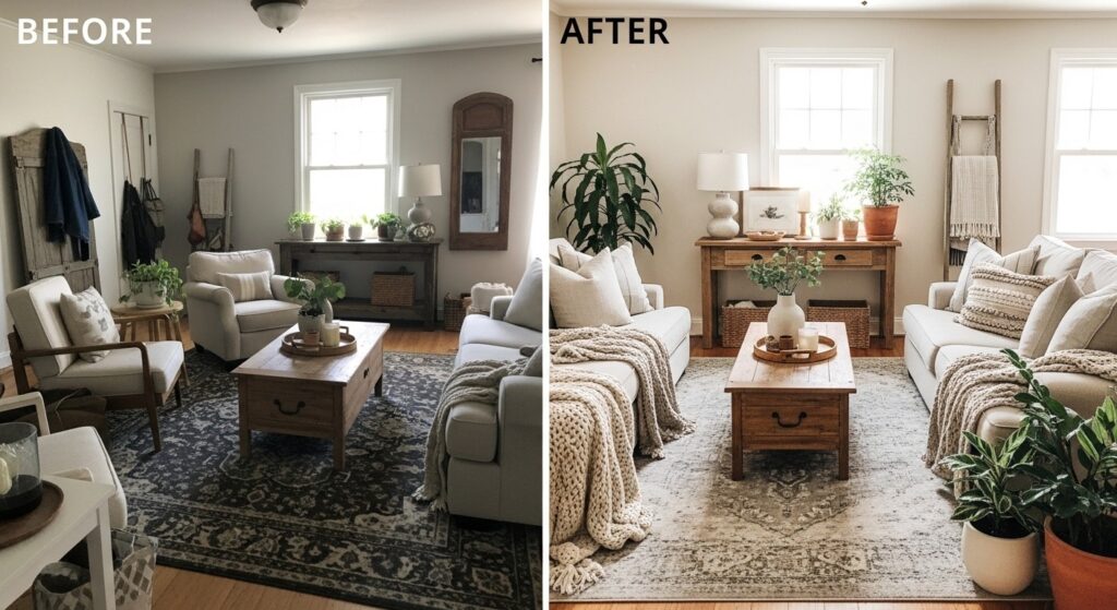 budget farmhouse living room decor with DIY pine shelf and terracotta plant pot