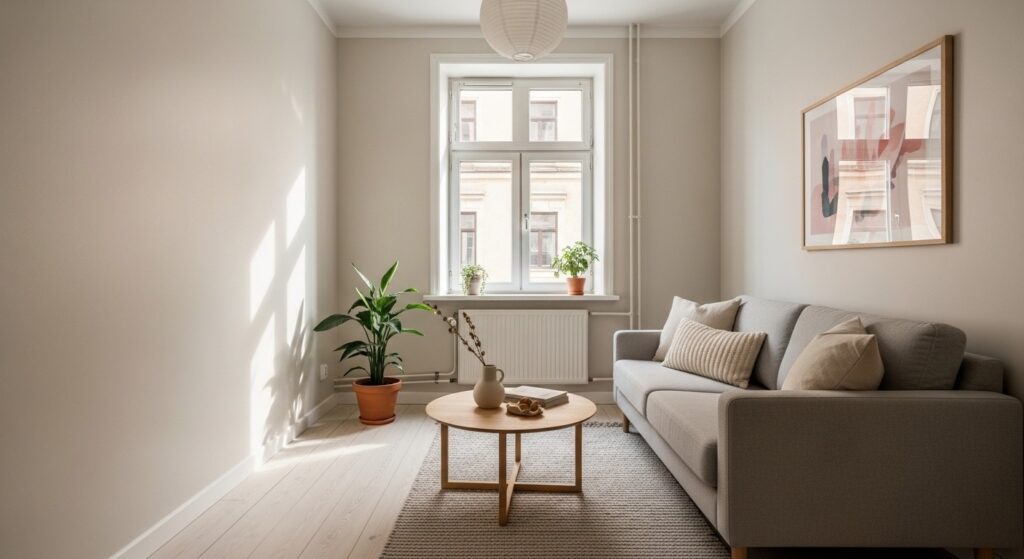 neutral living room ideas with warm beige walls reflecting natural light in a small apartment
