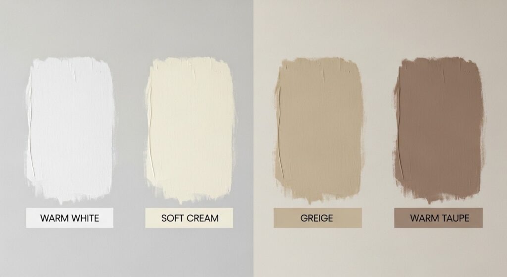 greige living room with warm cream walls oak furniture and rattan accents