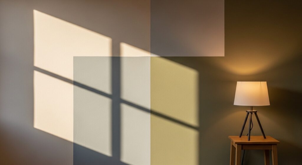 testing neutral color palette living room paint swatches on wall in different lighting conditions