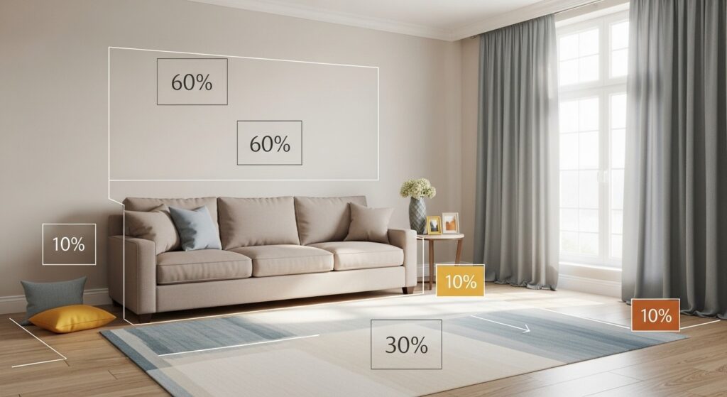 neutral color palette living room using 60-30-10 rule with layered warm tones and terracotta accent