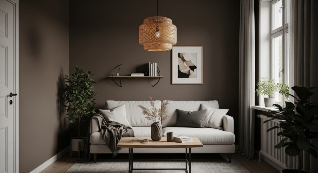 dark warm neutral color palette living room with mushroom brown walls and cream sofa