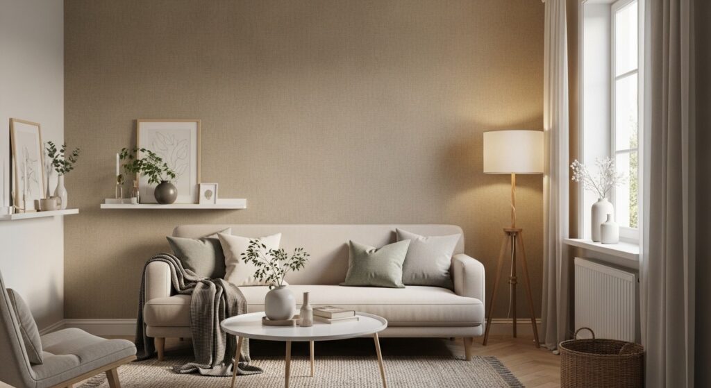 greige living room accent wall with linen-textured wallpaper behind neutral sofa