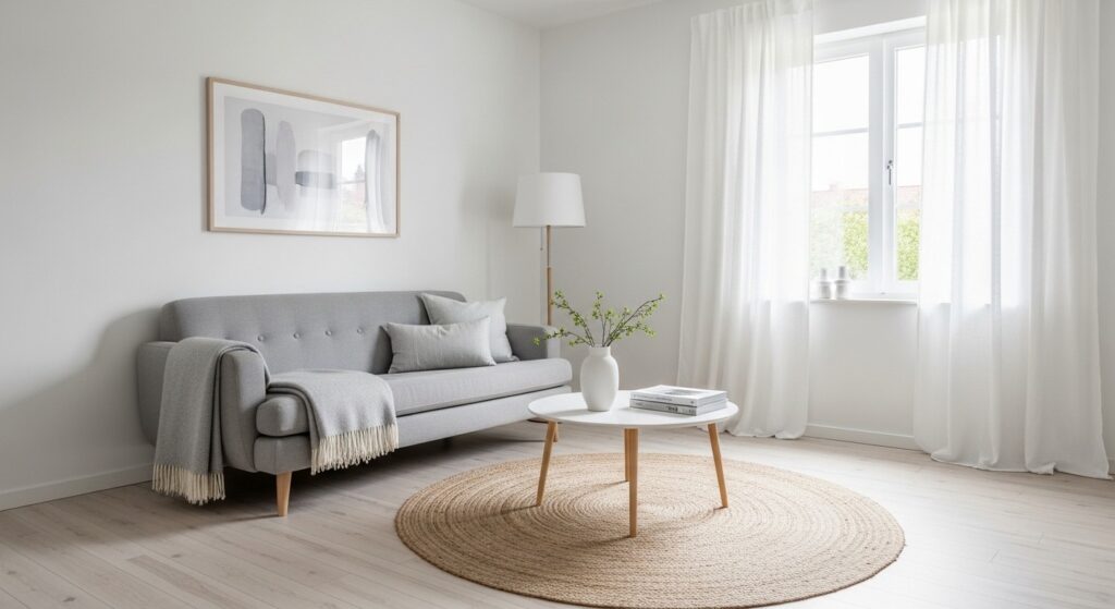 Scandinavian living room design principles with minimal furniture neutral tones and breathing space