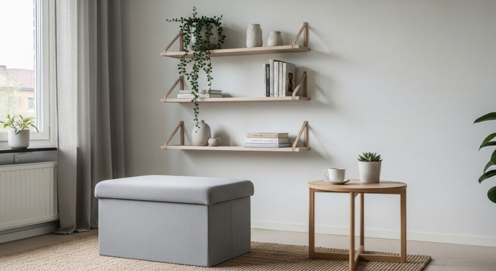 functional nordic living room design with multi-purpose furniture and clean open storage