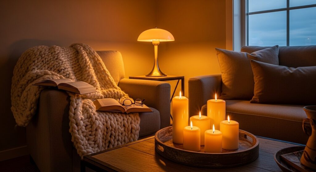 hygge living room cosy reading nook with candles chunky throw and warm floor lamp