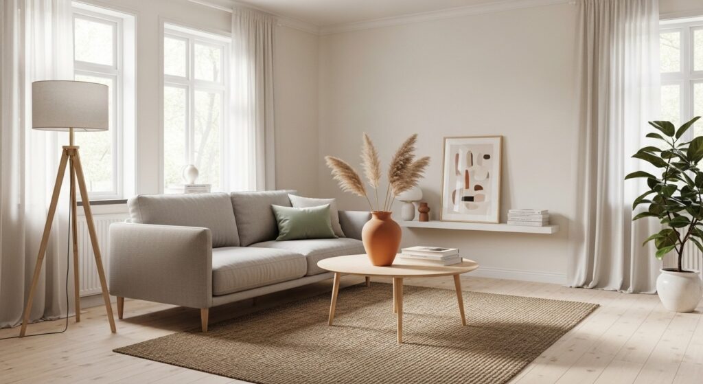 warm minimalist scandinavian living room with grey sofa mustard cushions and textured rug