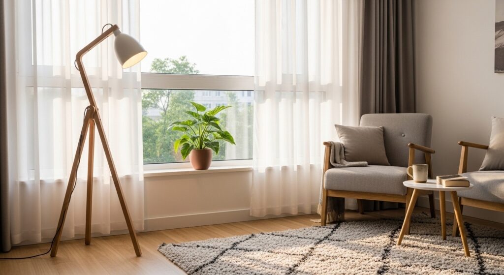 scandinavian living room with sheer linen curtains white walls and layered warm lighting