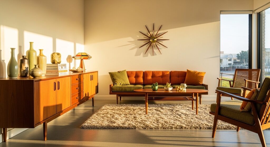 Mid-Century Modern living room decor with tapered leg furniture clean lines and open breathing space