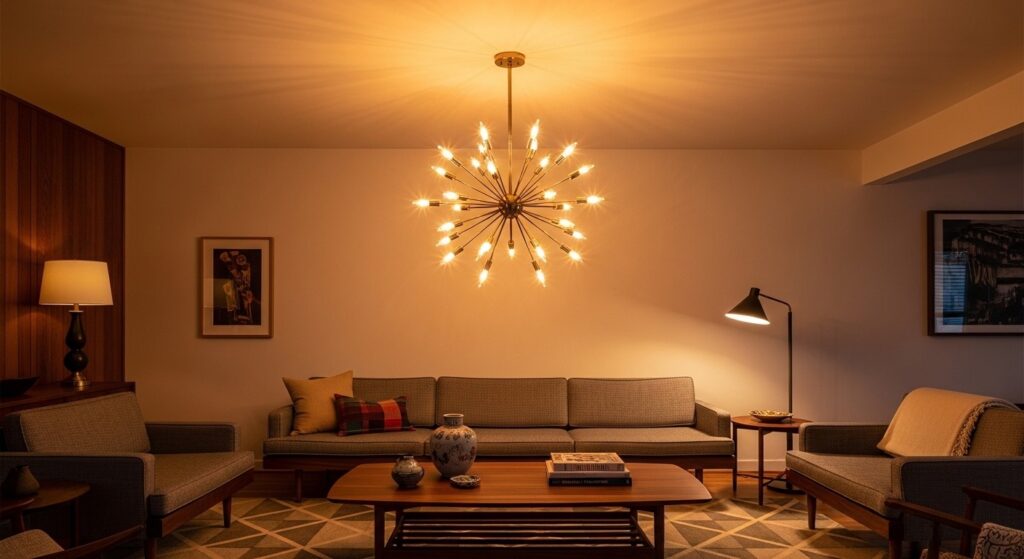 mid-century modern living room statement lighting with Sputnik chandelier and arc floor lamp in brushed brass