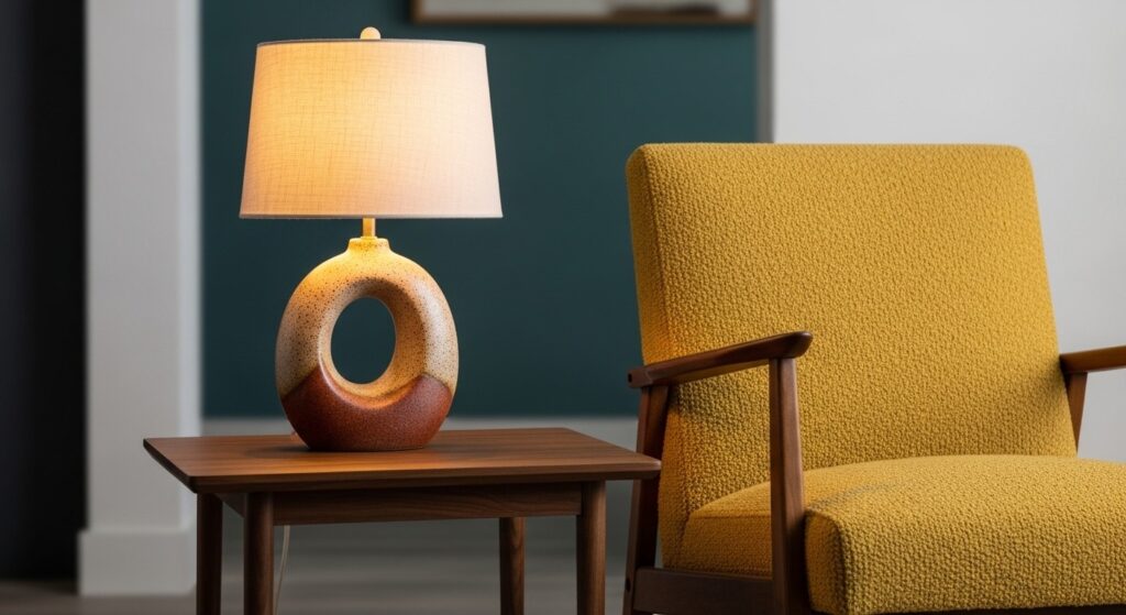 mixing vintage and new in mid-century modern living room with thrifted credenza and contemporary sofa