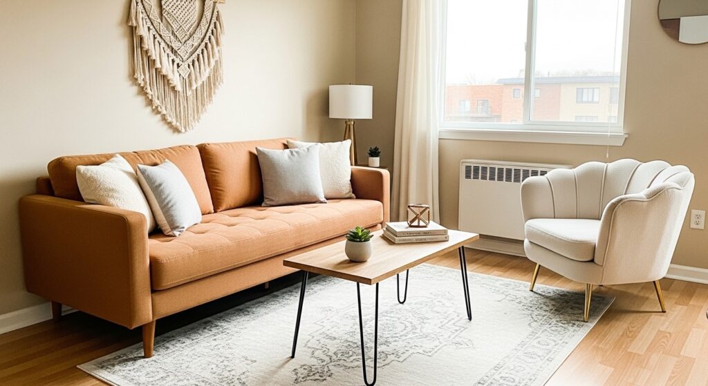 mid-century modern living room key furniture silhouettes with hairpin leg coffee table and shell accent chair