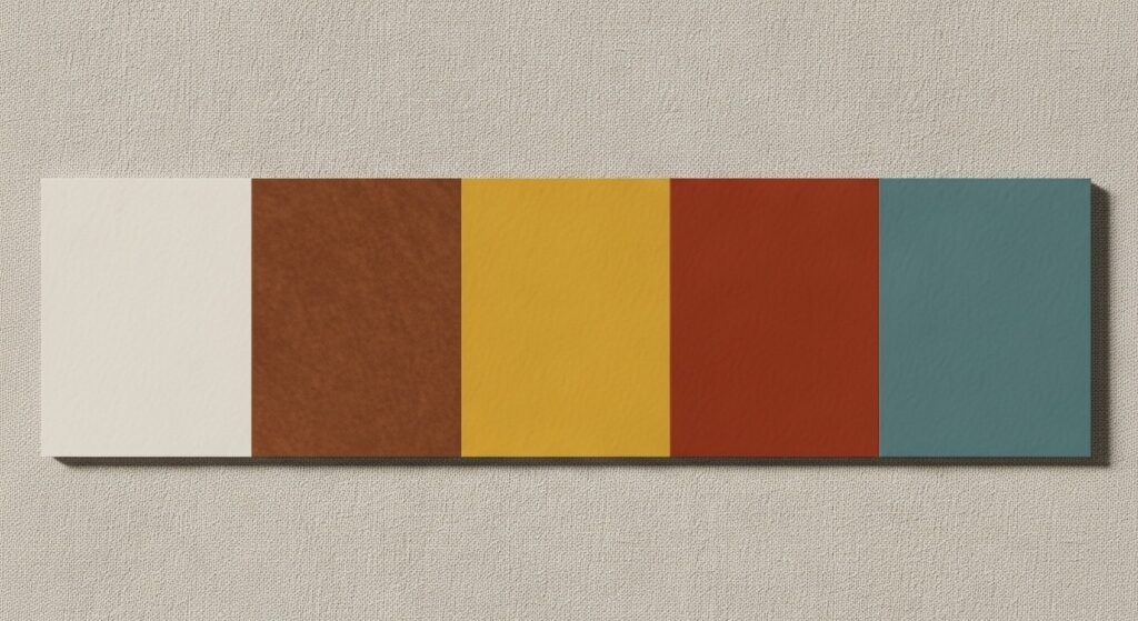vintage modern living room color palette with mustard yellow rust orange and warm walnut wood tones