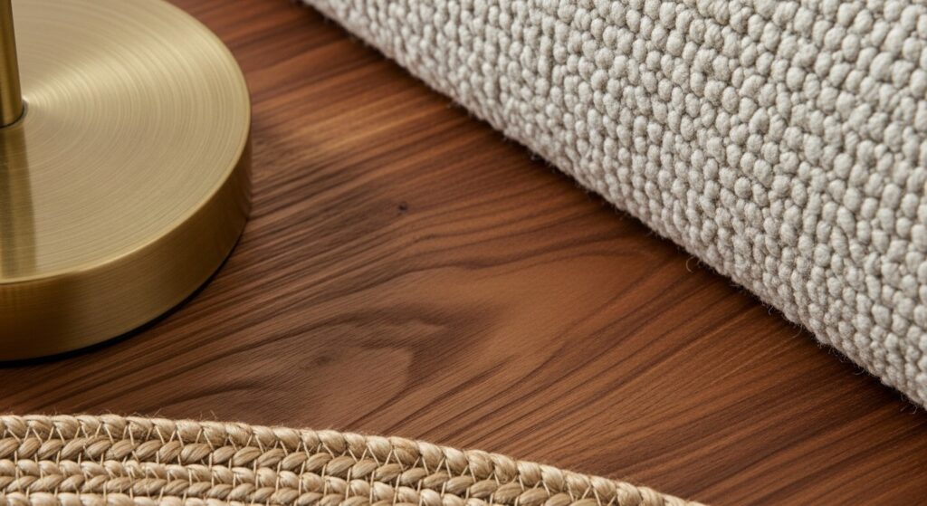 retro living room decor materials with walnut wood boucle upholstery jute rug and brass accents