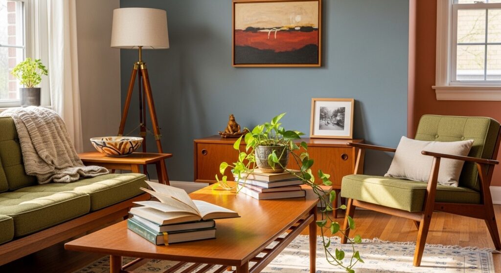 vintage modern living room with personal touches plants real books and contemporary abstract art