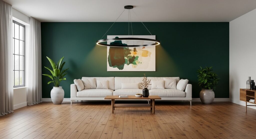 bold contemporary living room ideas with deep forest green accent wall and oversized pendant light