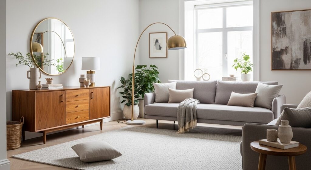 mixing eras in trendy living room decor with vintage side table and contemporary sofa