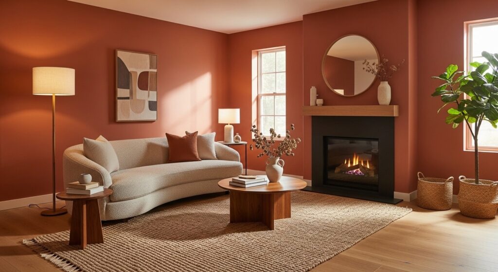 living room trends with warm terracotta tones curved furniture and rich boucle texture
