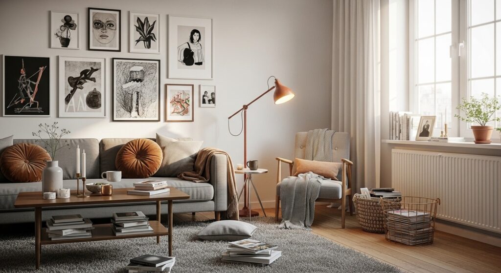 personal trendy living room decor with framed photos real books and indoor plants