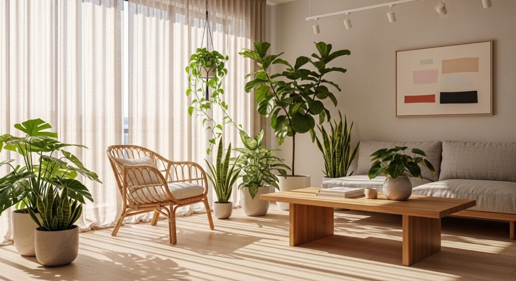 sustainable contemporary living room with solid wood rattan linen and recycled glass materials