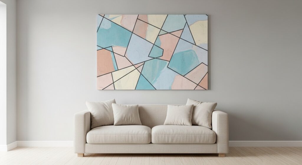 less is more philosophy in living room wall decor ideas with single large print and breathing space