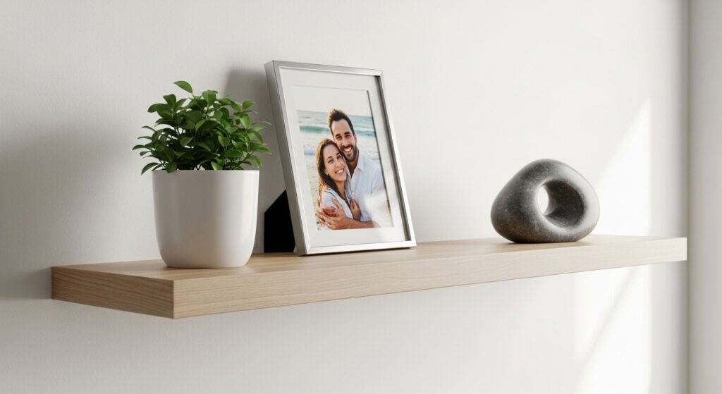 personal touches in living room wall decor ideas with framed travel photography and floating shelf plants