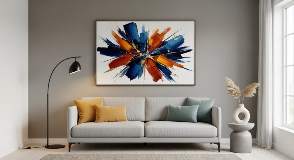 choosing a focal wall for modern living room wall decor with statement art above sofa
