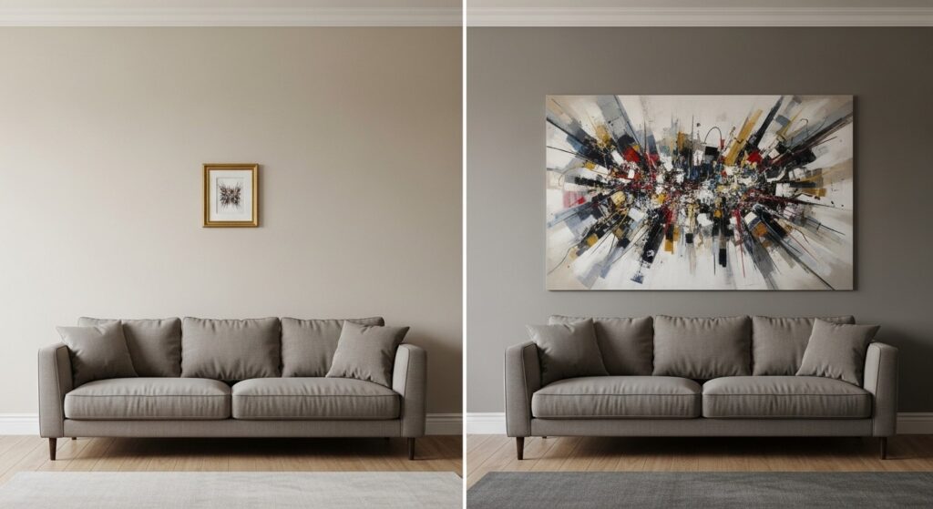 scale and proportion for living room wall decor ideas with oversized art spanning sofa width