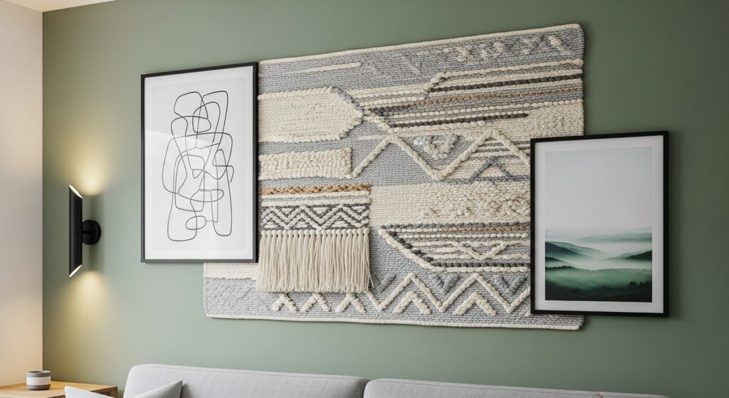 mixing textures in accent wall living room with linen hanging matte black frames and rattan accents