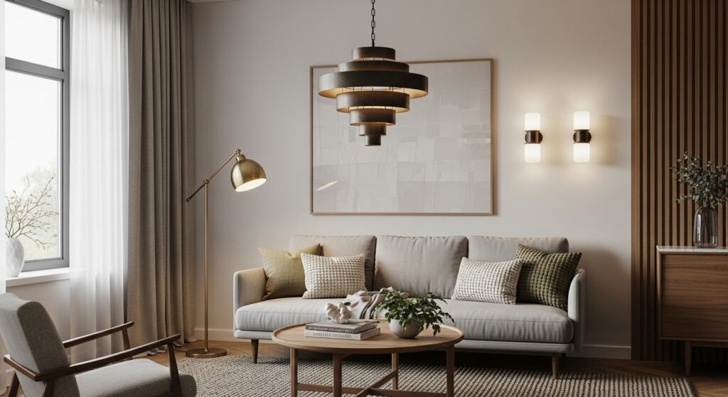 contemporary light fixtures in modern living room replacing single overhead bulb with layered lighting