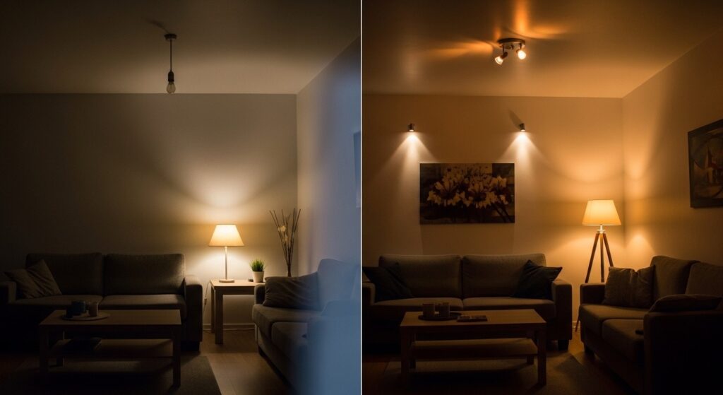 living room lighting ideas with multiple warm light sources creating visual depth in small apartment