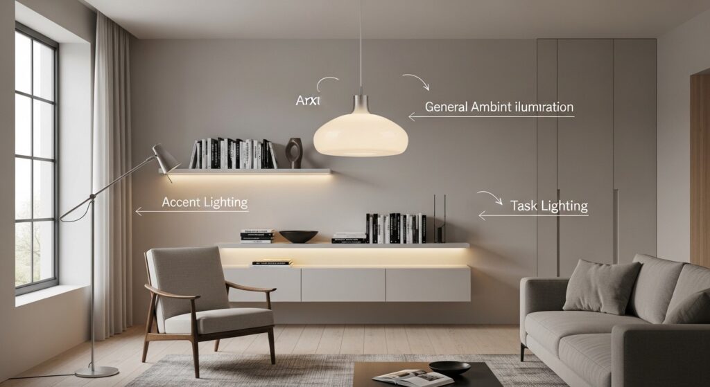 layered living room lighting ideas combining ambient task and accent light for a curated warm atmosphere