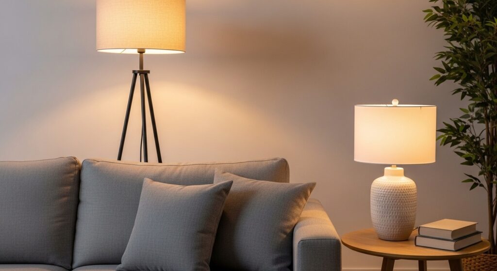 arc floor lamp and ceramic table lamp as modern living room lighting at eye level beside sofa