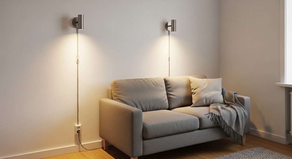 plug-in wall sconce as space-saving contemporary light fixture mounted at 60 inches in small apartment
