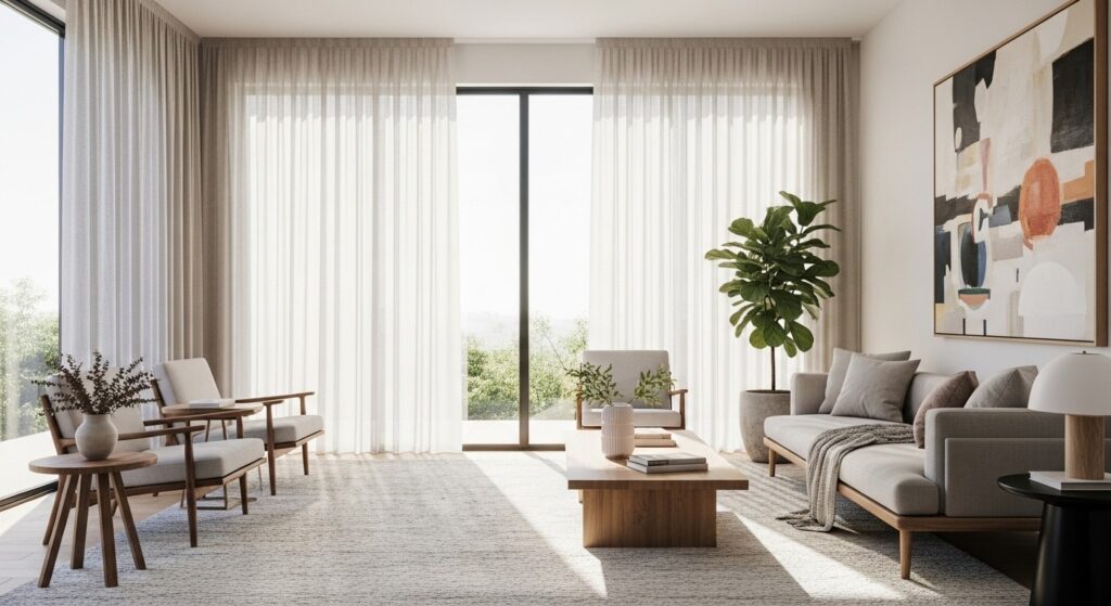 maximising natural light in modern living room with sheer linen curtains and mirror opposite window