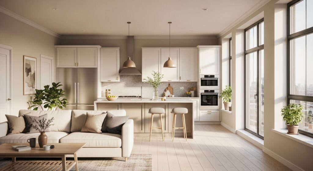 open floor plan living room pros and cons with natural light flooding through kitchen and sitting zone