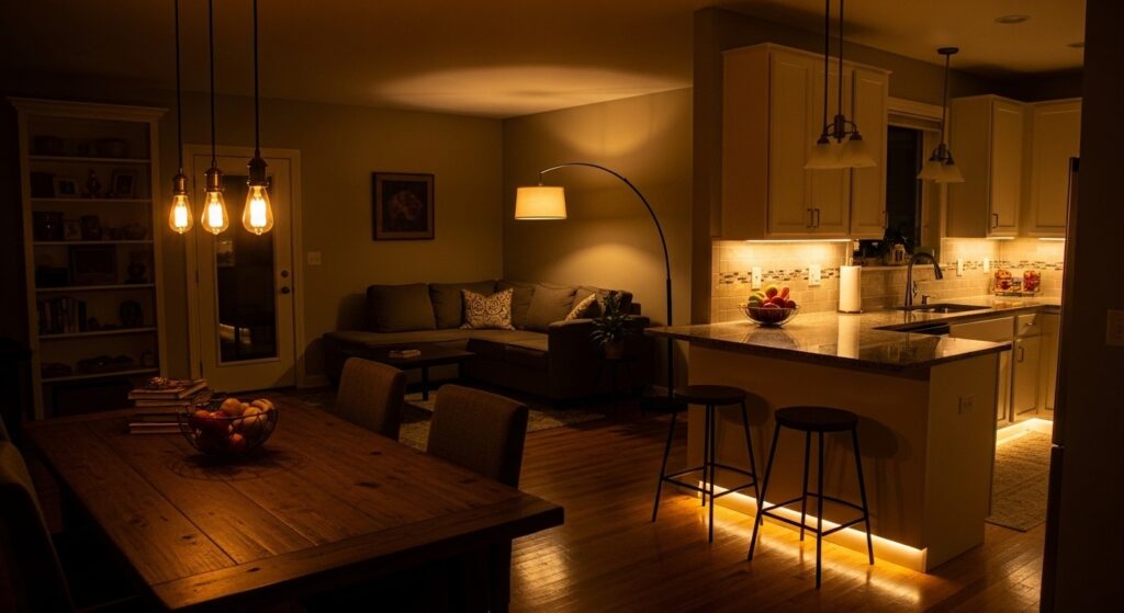 layered lighting in open concept living room with pendant above kitchen island and floor lamp by sofa
