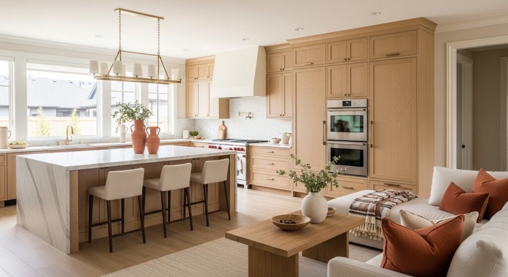 consistent color flow across kitchen living room combo using warm neutral base and terracotta accents