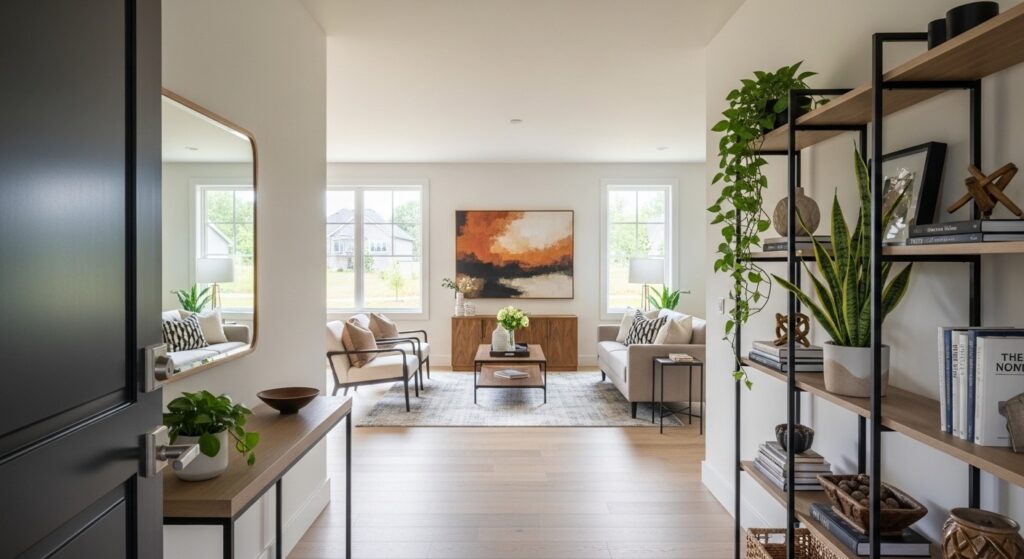 managing sightlines in open floor plan living room with styled shelf and statement plant as focal point