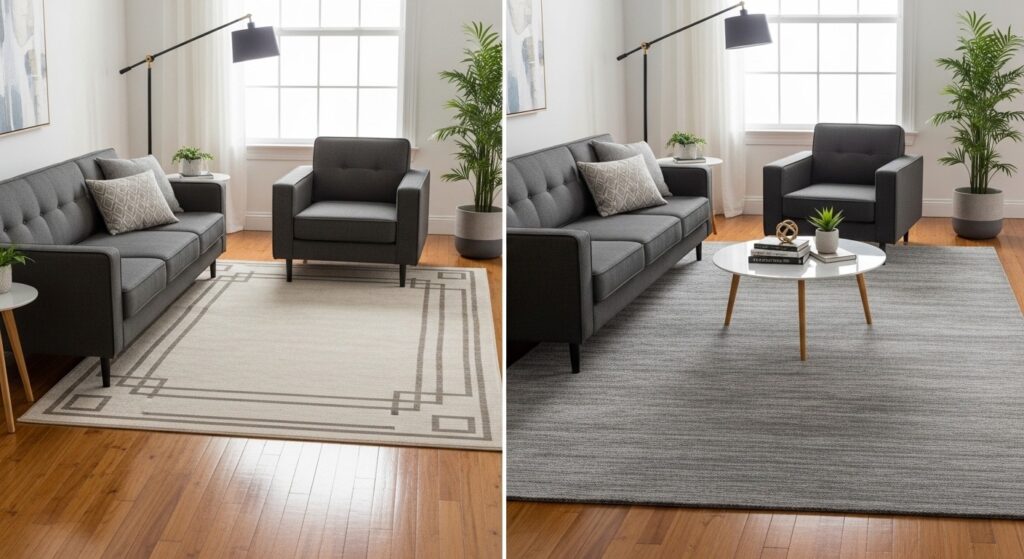 large area rug anchoring open concept living room seating zone with all four sofa legs on rug