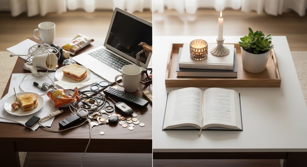 difference between cozy and cluttered living room with contained textiles tray styling and breathing space