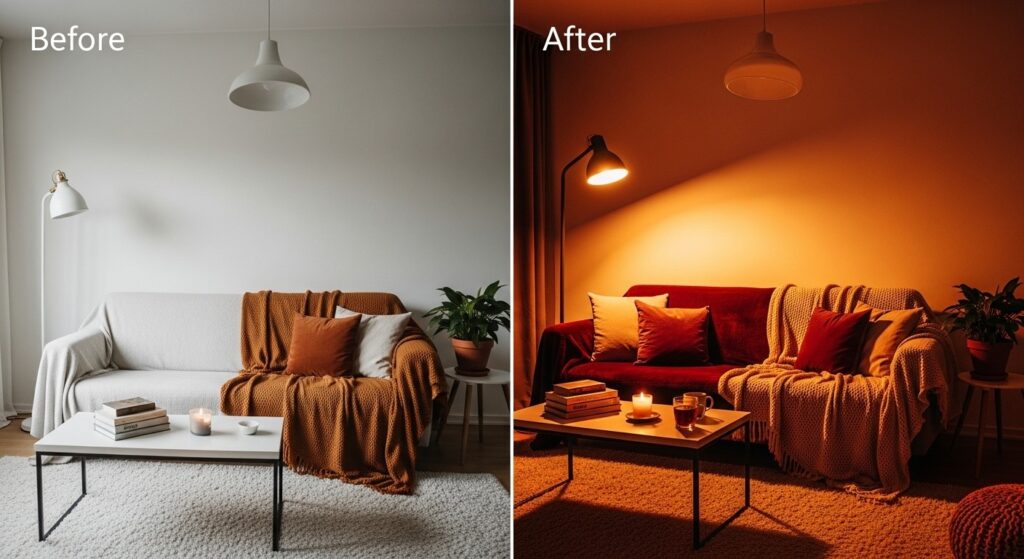 small living room decor challenges with cold flat overhead lighting and furniture pushed to walls