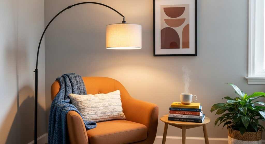 reading nook in small living room decor with comfortable chair floor lamp and side table in corner