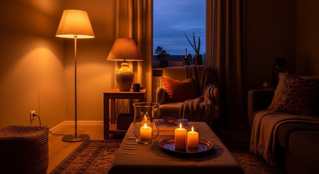 layered lighting in cozy small living room with floor lamp table lamp and warm candles at three heights