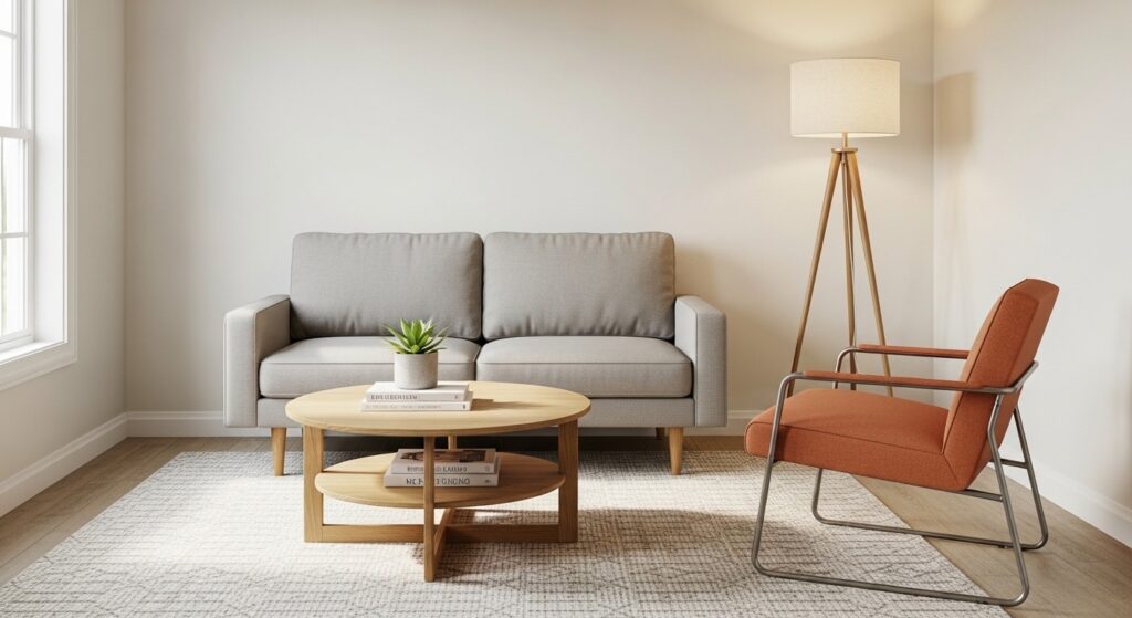 furniture scale for cozy small living room with compact sofa on visible legs and round coffee table