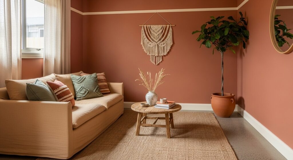 warm small living room with soft cream walls warm terracotta accents and painted ceiling in warm cream
